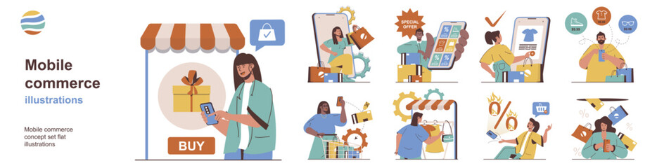Leinwandbilder - Mobile commerce concept with character situations collection. Bundle of scenes people shopping online using apps, choosing products, buying with discounts. Vector illustrations in flat web design
