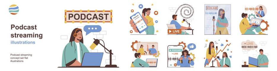 Aufkleber - Podcast streaming concept with character situations collection. Bundle of scenes people recording educational and entertainment podcasts or interview in studio. Vector illustrations in flat web design