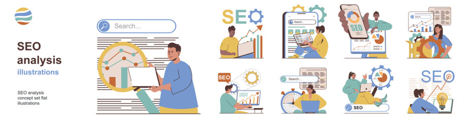 Leinwandbilder - Seo analysis concept with character situations collection. Bundle of scenes people study and optimize search query metrics, keywords and website traffic. Vector illustrations in flat web design