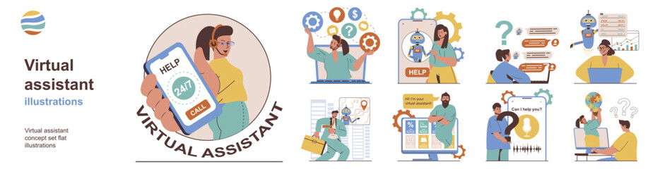 Poster - Virtual assistant concept with character situations collection. Bundle of scenes people receive advice and solutions to problems in chats with consultants. Vector illustrations in flat web design