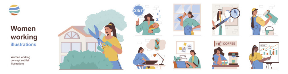 Aufkleber - Women working concept with character situations collection. Bundle of scenes people work gardener, data analyst, cleaner, dentist, builder, designer and other. Vector illustrations in flat web design