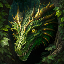 A Green Dragon With Golden Features And Golden Eyes. Hiding In The Forest.