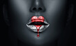 © Subbotina Anna - Red heart Paint dripping, lipgloss drops on sexy lips, bright liquid paint on beautiful model girl's mouth, Valentine's Day art design. Lipstick. Make-up. Beauty face, close up. On dark background