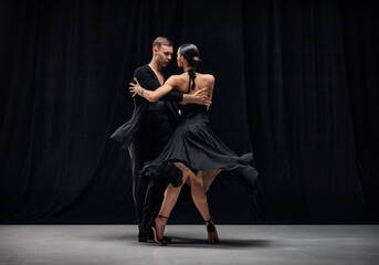 Romantic couple dance. Man and woman, professional tango dancers performing in black stage costumes over black background. Concept of hobby, lifestyle, action, motion, art, dance aesthetics