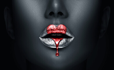 Poster - red heart paint dripping, lipgloss drops on sexy lips, bright liquid paint on beautiful model girl's