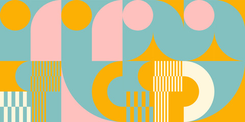 Retro geometric aesthetics. Bauhaus and avant-garde inspired vector background with abstract simple shapes like circle, square, semi circle. Colorful pattern in nostalgic pastel colors.