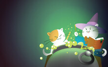 Cute Halloween Cats Disguised As Wizards Or Witches Making A Potion In A Big Cauldron. Wizards Doing An Invocation Or Putting A Spell With A Magical Wand. Halloween Sorcerers Background Vector.