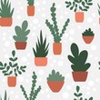 Seamless pattern with flowers in pots. Vector Hand drawn background for design and card, covers, package, wrapping paper.