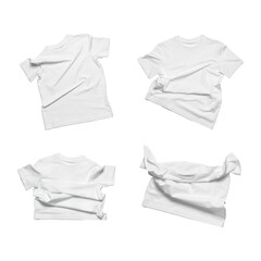 White flying cotton T-shirt isolated on white background. With clipping path. Clean white t-shirt for women or men. Classic Basic Unisex T-shirt. Branding clothes front view Mock up 