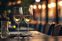 Couple Glassess Of The Champagne Or White Wine Are Placed On Wooden Table In Restaurant Background. Generative Ai Image.
