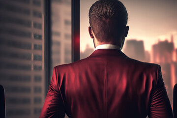 Wall Mural - The manager in burgundy red suit is standing closed to glass window at the working office, looking out to the city background. Challenge in business concept. Generative Ai image.