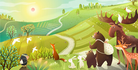 Hiking animals backpack and travel adventures. Bear, moose backpack hiking tale in wild nature scenery. Animals in countryside panoramic landscape. Hand drawn vector illustration in watercolor style.