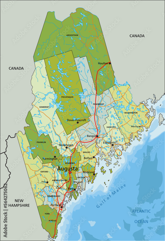 Highly detailed editable political map with separated layers. Maine
