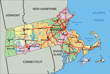 Wall Mural - Massachusetts - Highly detailed editable political map with labeling.