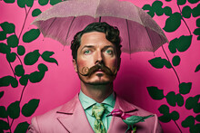 Portrait of an English gentleman with a mustache and pink suit next to a colorful bird and with an umbrella on his head. Pink background with green leaves. Generative AI