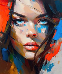 Modern abstract oil painting portrait of beautiful brunette woman with blue eyes. Generative AI.