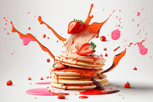 Pile Of Pancakes With Syrup And Strawberry On White Background