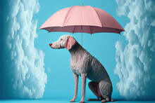 Dog Portrait Under A Pink Umbrella With Blue Background With Clouds. Generative AI