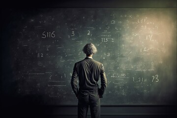 Scientist in front of a blackboard with equations and problem solvging solutions. Generative Ai