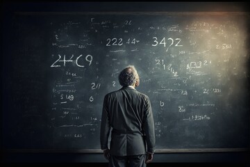Scientist in front of a blackboard with equations and problem solvging solutions. Generative Ai