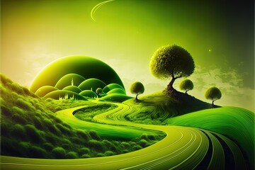 Wall Mural - Beautiful landscape in green colors. Abstract green nature backgorund. Generative Ai