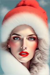 Wall Mural - Beautiful woman portrait with Santa Claus red hat. Generative Ai, Not a real person