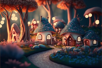 Wall Mural - Magic forest village landscape with little houses and fairy. 3d illustration