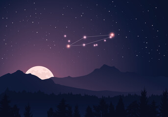 Wall Mural - constellation chamaeleon scheme collection. stars in the night sky. dark starry sky, hills, forest, 