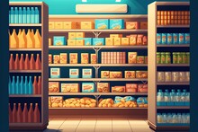 Supermarket Interior With Shelves Full Of Various