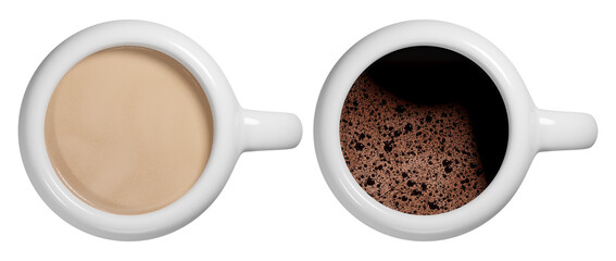 A cup of black coffee and cappuccino with foam. Top view of a white ceramic coffee mug isolated on a transparent background.