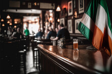 View Of The Interior Of An Irish Bar, Blurred, With Some People In The Background, Fictional, Gernerative Ai.