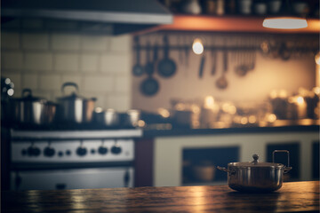 professional kitchen with cooks in the background working, generative ai.