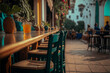© VicenSanh - Beautiful restaurant's  terrace, bar table, and chairs outdoor, generative ai