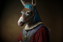 Created With Generative AI Technology. Portrait Of A Donkey In Renaissance Clothing