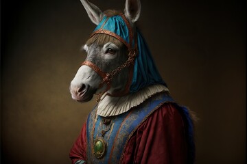 Created with Generative AI technology. portrait of a donkey in renaissance clothing