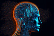 Neural network of big data and artificial intelligence circuit board in the head and face of a blue human outlining concepts of a digital brain, computer Generative AI stock illustration image