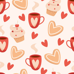 Seamless valentines day pattern with hot drink and cakes in flat styleSeamless valentines day pattern with hot drink and cakes in flat style