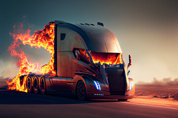 Wall Mural - Electric Semi Truck On Fire - Generative Ai