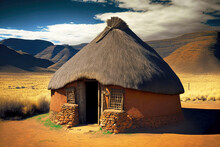 Mud Hut With Stone Finish In Steppe On Background Of Mountains
