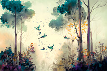 Digital Watercolor Painting Of A Forest Landscape With Birds, Butterflies And Trees, In Bright Colors. High Quality Illustration.