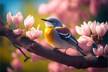 Wall Mural - spring bird on a blossom branch Generative AI