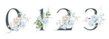 Watercolor Number Set - Digits 0, 1, 2, 3 With Navy And Beige Floral, Greenery. For Wedding Invitation, Baby Shower, Save The Date, Birthday, Mothers Day, Branding, Logo, Cards 