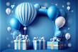 © FrankBoston - Blue birthday decor with balloons an presents ideal for celebration backgrounds, generative AI