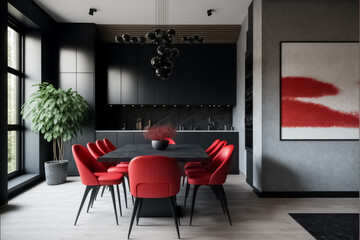 Meeting area, dining room, black square table, red chairs. Black and red kitchen. Dining modern kitchen, interior. Luxury kitchen. Modern interior. generative AI
