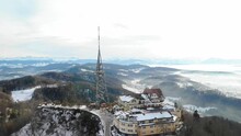 Drone View Of Visitor On Observation Tower Uetliberg At Hazy Late Afternoon In Winter Time.