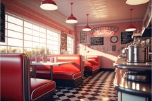 Retro Cafe, American Diner Interior With Tables, Red Sofas. 3d Illustration