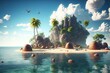 Island in ocean, uninhabited secret pirate isle with beach, palm trees, jungle. 3d illustration