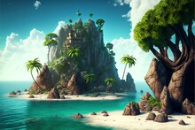Island In Ocean, Uninhabited Secret Pirate Isle With Beach, Palm Trees, Jungle. 3d Illustration