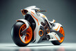 futuristic white and orange low drag motorcycle concept design made by generative ai