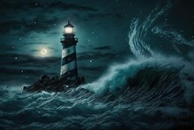Lighthouse On The Rocks In The Sea At Night With Full Moon Storm Waves